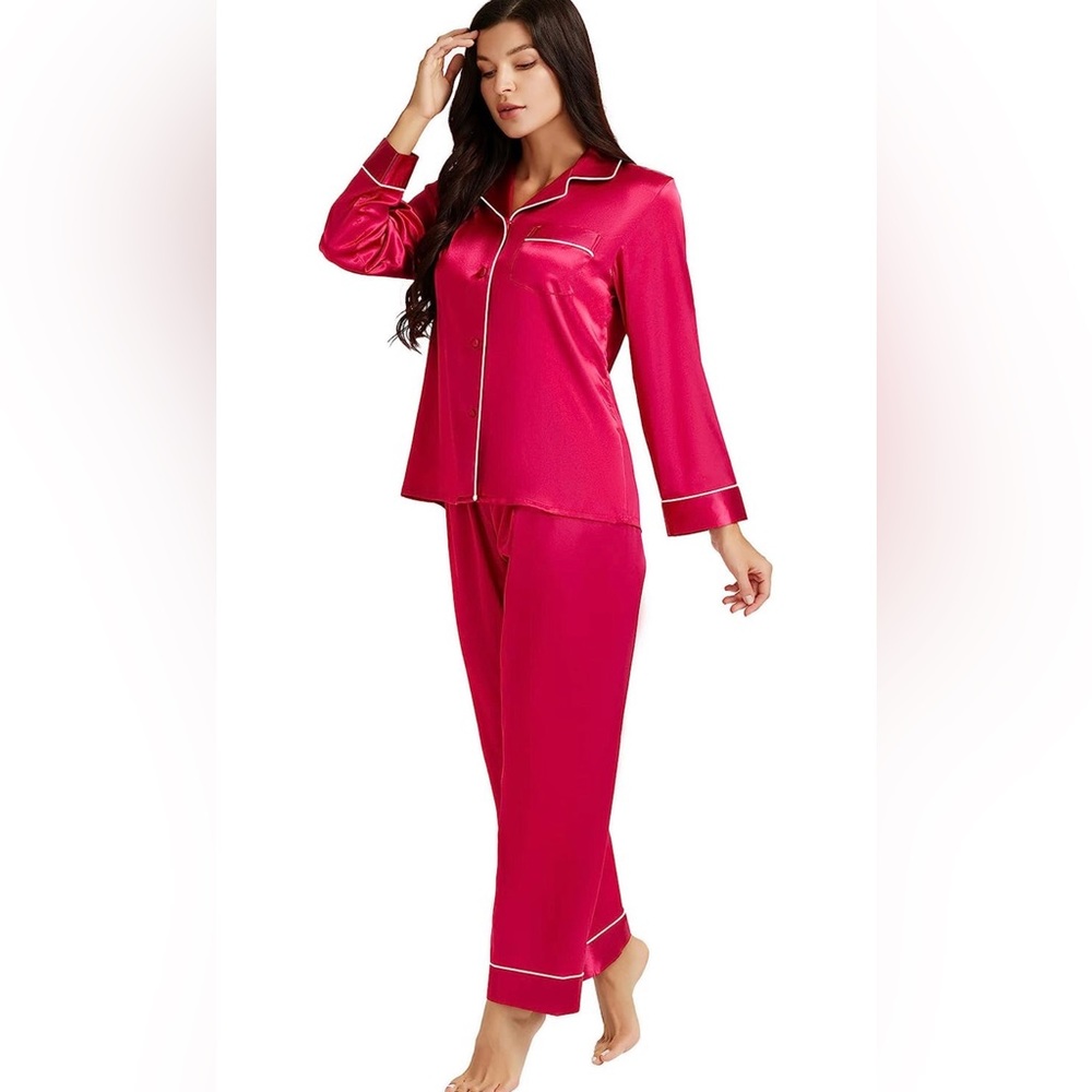 Lonxu Silk Satin Womens Pajama Sets Button Down Sleepwear Loungewear SIZE M RED
